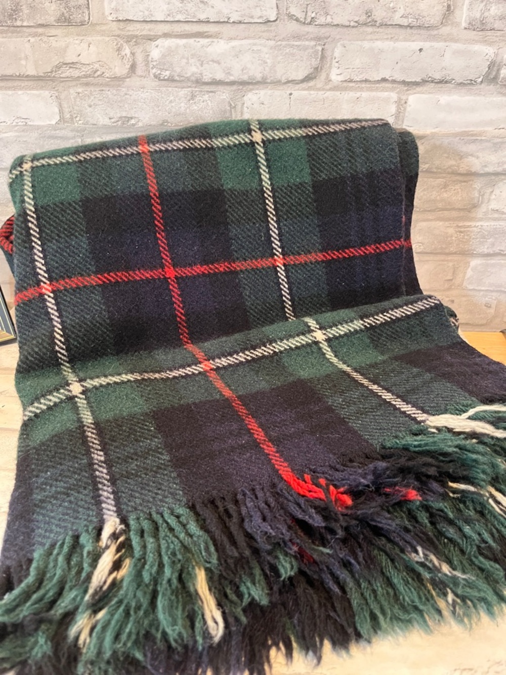 Moffat Kilmahog Mackenzie Green, blue & Red Plaid Fringe wool Throw Blanket